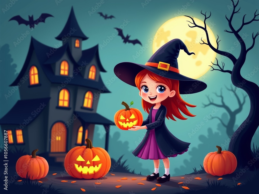 A Cheerful Young Witch Holds a Carved Pumpkin Near a Spooky House Under a Full Moon, Celebrating Halloween Festivities in Autumn A Cheerful Young Witch Holds a Carved Pumpkin Near a Spooky House Under a Full Moon, Celebrating Halloween Festivities in Autumn