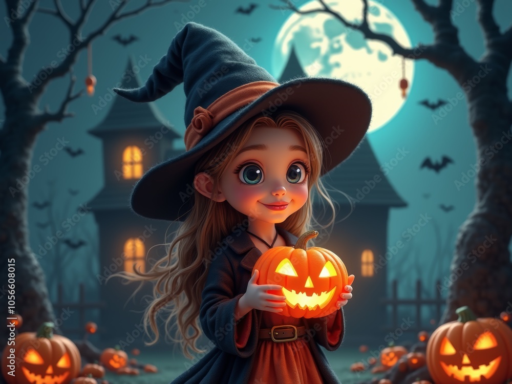 A Joyful Young Witch Holding a Carved Pumpkin in a Spooky Moonlit Landscape With Bats and a Haunted House During Halloween Night A Joyful Young Witch Holding a Carved Pumpkin in a Spooky Moonlit Landscape With Bats and a Haunted House During Halloween Night