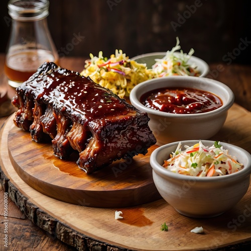 A tantalizing shot of sticky BBQ ribs, glistening with sauce, served on a wooden platter with coleslaw and cornbread on the side