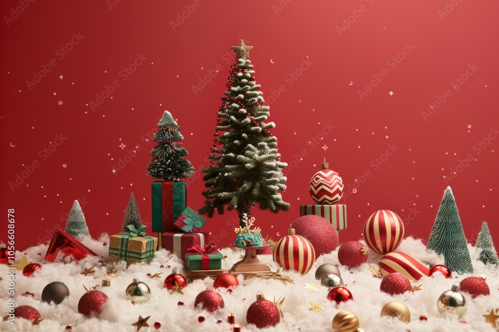 A festive Christmas scene featuring a decorated tree, ornaments, and gifts on a snowy background with a red backdrop. A festive Christmas scene featuring a decorated tree, ornaments, and gifts on a snowy background with a red backdrop.