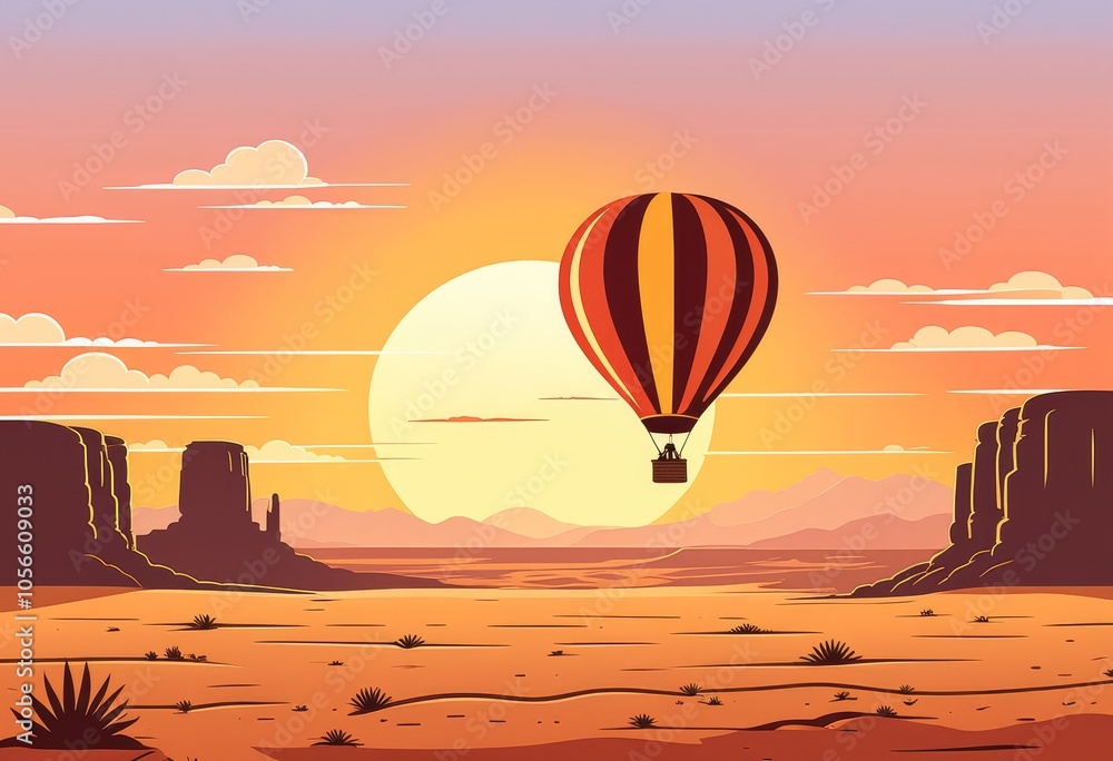 Sunset hot air balloon over desert landscape with majestic rock formations