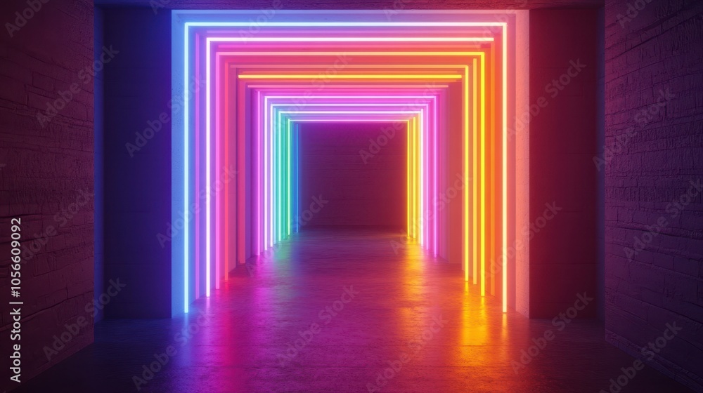 A vibrant tunnel illuminated by colorful neon lights, creating a captivating atmosphere of modern art and design. A vibrant tunnel illuminated by colorful neon lights, creating a captivating atmosphere of modern art and design.