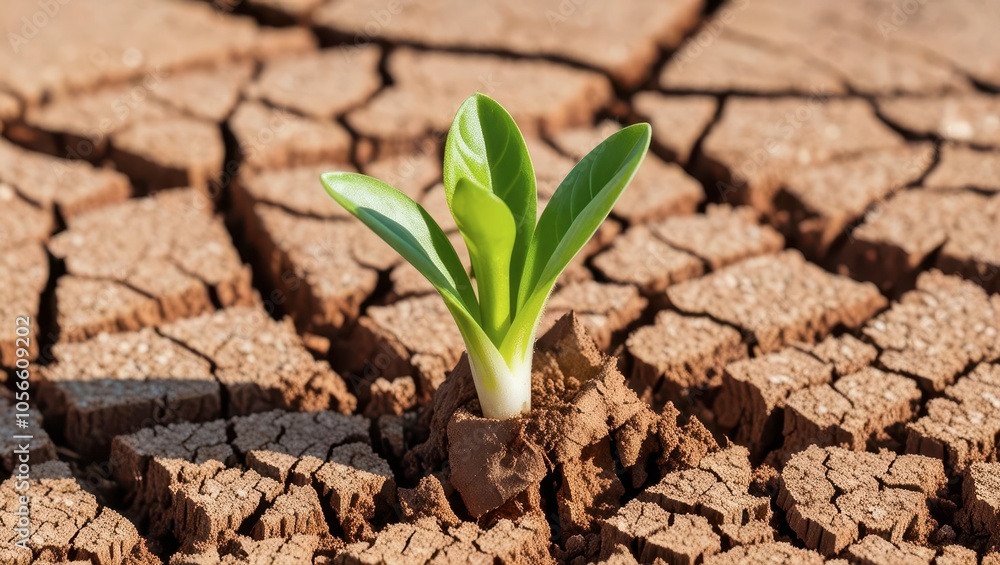 A green sprout emerges from cracked dry soil, symbolizing resilience and hope in an arid environment. A green sprout emerges from cracked dry soil, symbolizing resilience and hope in an arid environment.