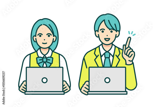 パソコンで学習する学生。制服を着た男女のベクターイラストセット。