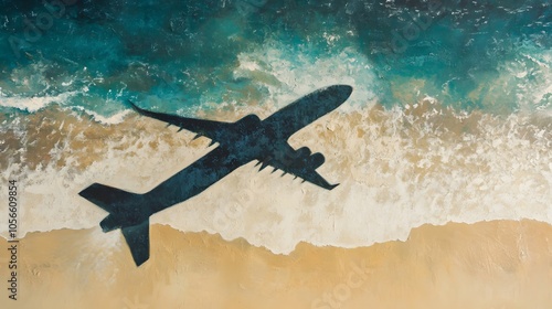 Travel concept with airplane shadow and beach. 