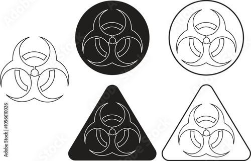 Biohazard line icons set. Warning signs for hazardous material, safety precaution. Risk of radioactivity, nuclear and toxic sign. Chemical warning triangular vector isolated on transparent background.