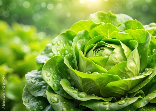 Fresh iceberg lettuce glistens with water droplets, showcasing its crisp green leaves. A symbol of healthy eating, it's perfect for salads, packed with nutrients and dietary fiber.