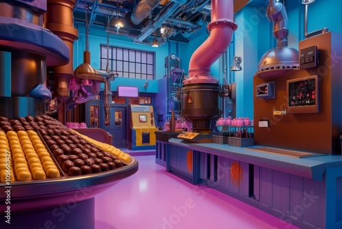 A vibrant and colorful candy factory filled with whimsical machines. The playful design features chocolate creations and a bright pink floor. Perfect for fun visuals. Generative AI