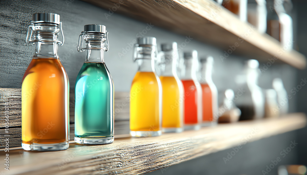 Captivating display of colorful bottles an illustration of discounted prices on a store shelf Captivating display of colorful bottles an illustration of discounted prices on a store shelf
