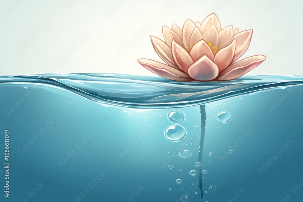 Tranquil Lotus Floating on Water. A serene illustration of a soft pink lotus flower resting gently on calm blue water, symbolizing peace and balance in a minimalist design.
Tranquil Lotus Floating on Water. A serene illustration of a soft pink lotus flower resting gently on calm blue water, symbolizing peace and balance in a minimalist design.