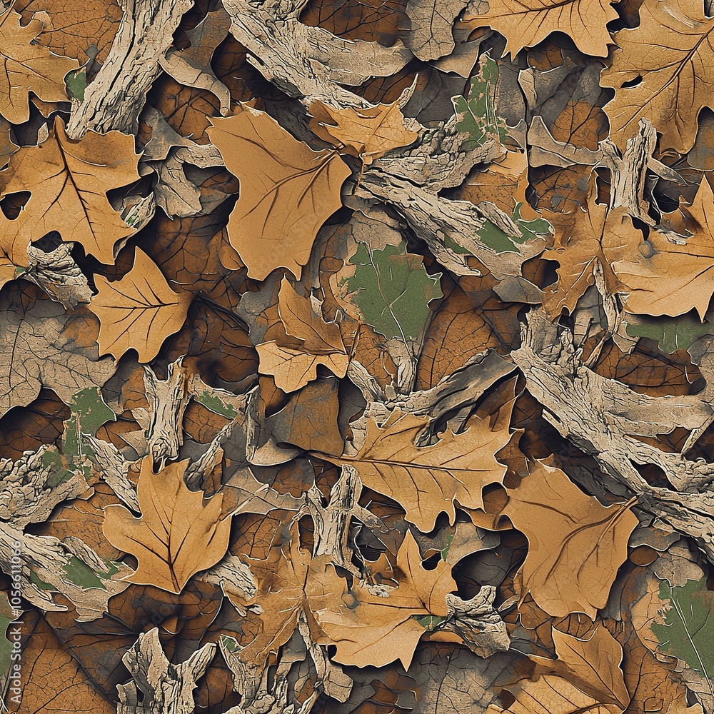 Maple Tree Leaves Autumn Foliage and Tree Bark Hunting Camouflage, Seamless Camo Pattern Maple Tree Leaves Autumn Foliage and Tree Bark Hunting Camouflage, Seamless Camo Pattern