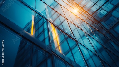 Tall, glass buldings rise up towards a partly cloudy blue sky.