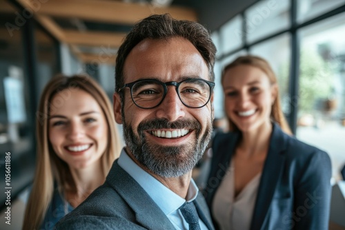 Men with glasses and beards alongside women