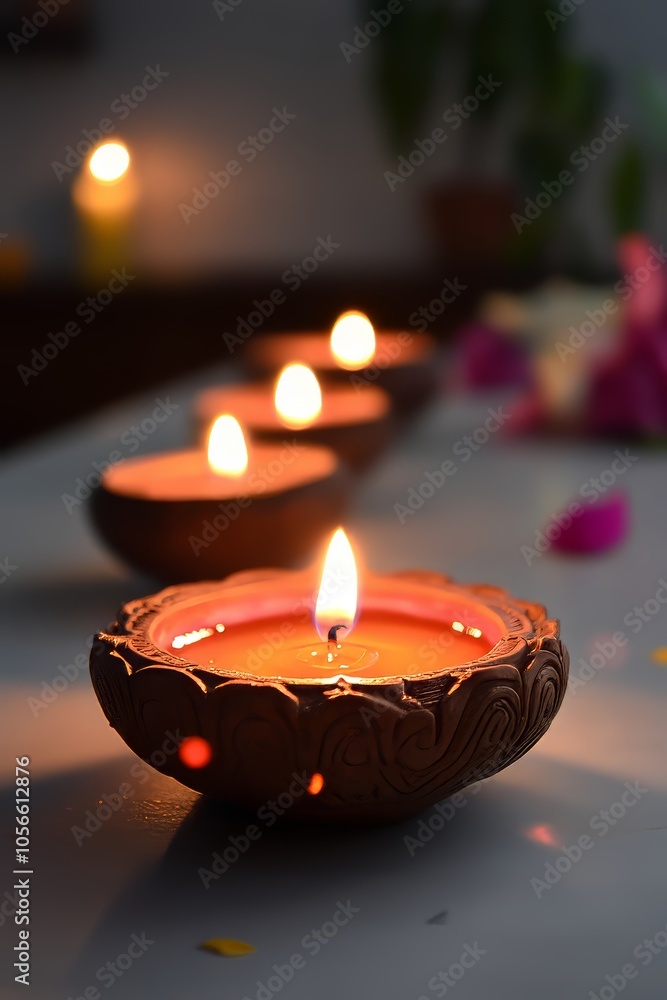 Diwali diyas in back view with glowing candles Diwali diyas in back view with glowing candles