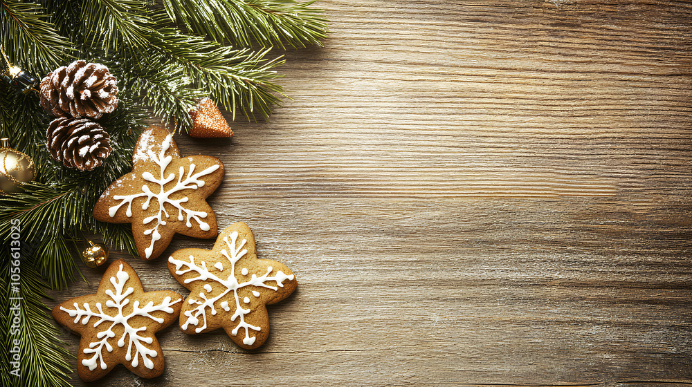Rustic holiday setting with gingerbread cookies, pine branches, and Christmas decor Rustic holiday setting with gingerbread cookies, pine branches, and Christmas decor