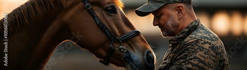 Veteran Bonding with Therapy Horse in Rehabilitation Center | Equine Assisted Therapy for Healing Recovery | Candid Shot of Veteran Interaction with Horse | Emotional Connection Therapy Image