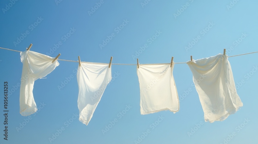 White garments hanging on a clothesline under a clear blue sky White garments hanging on a clothesline under a clear blue sky