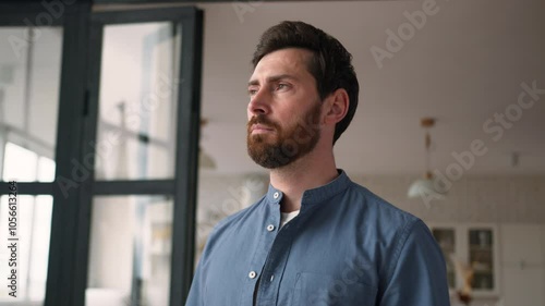 Thoughtful Caucasian man bearded guy middle-aged dad pondering at home. Pensive parent contemplating adult male father thinking with serious facial expression confident businessman feel calm dreaming