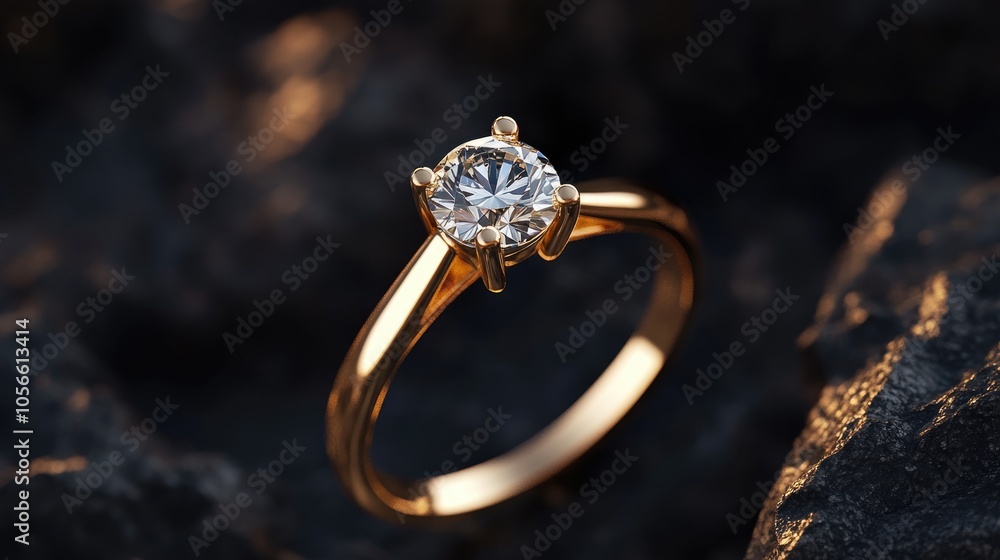 Stunning gold ring adorned with a diamond against a dark backdrop Stunning gold ring adorned with a diamond against a dark backdrop