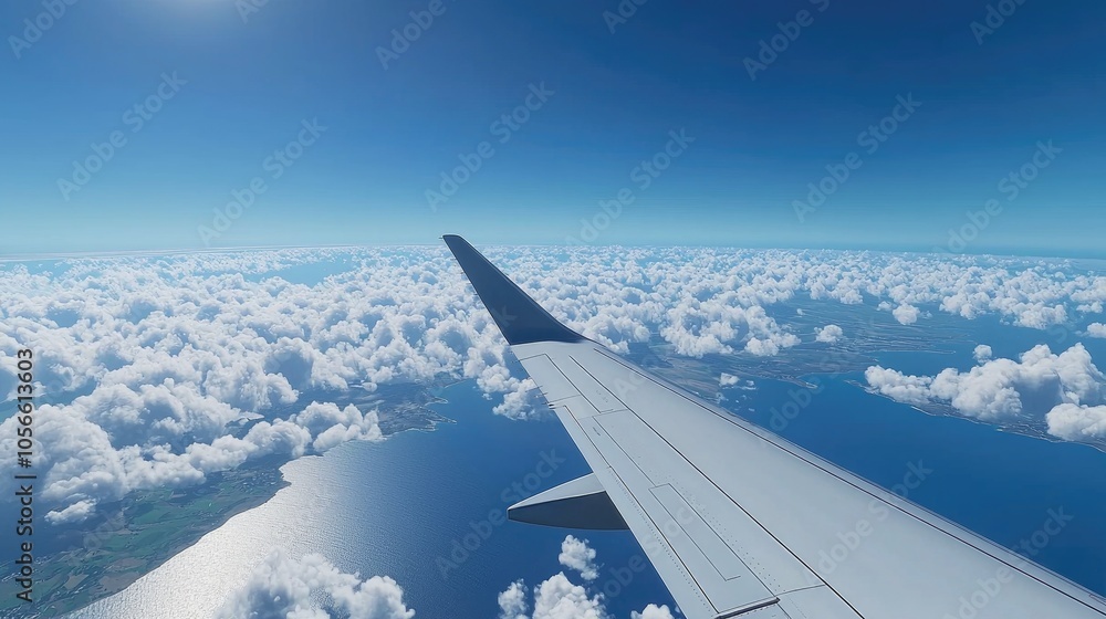 Obraz premium Plane Wing With Blue Sky Mainland And Clouds In The Background