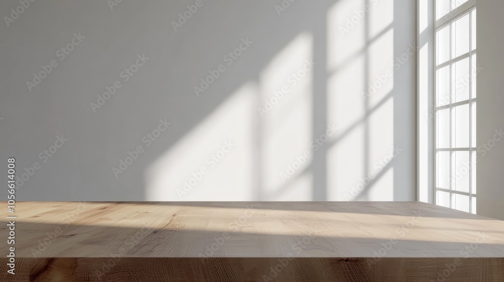 Minimalist workspace featuring an empty wooden desk in a bright room ideal for clean modern backgrounds for product displays and interior design mockups Minimalist workspace featuring an empty wooden desk in a bright room ideal for clean modern backgrounds for product displays and interior design mockups