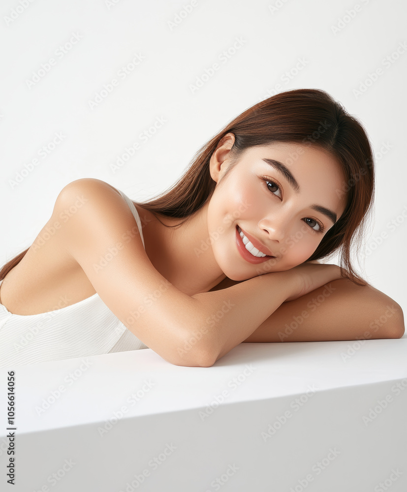 smiling Asian woman with flawless skin poses gracefully, showcasing natural beauty that highlights essence of skincare and cosmetics. Her relaxed expression conveys confidence and warmth smiling Asian woman with flawless skin poses gracefully, showcasing natural beauty that highlights essence of skincare and cosmetics. Her relaxed expression conveys confidence and warmth