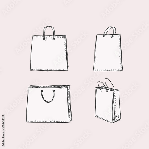 Shopping bag set - vector doodle sketch with line art and silhouette illustration collection