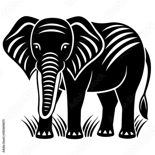 Elephant standing in a grassy field uses a thick silhouette on a white background