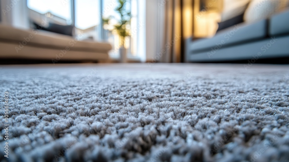 Close up of a plush carpet with a softly blurred stylish living room setting in the background Close up of a plush carpet with a softly blurred stylish living room setting in the background