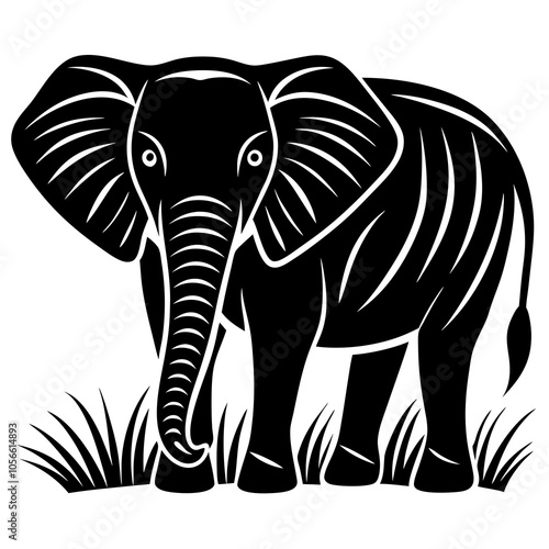 Elephant standing in a grassy field uses a thick silhouette on a white background