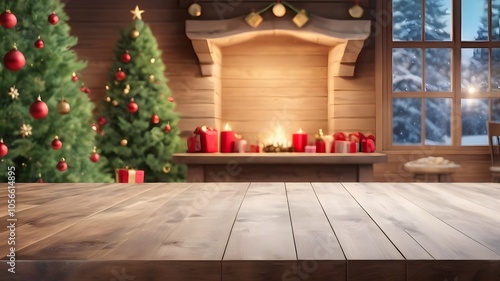 Wooden floor, empty room with a Christmas tree, large window, and contemporary interior design