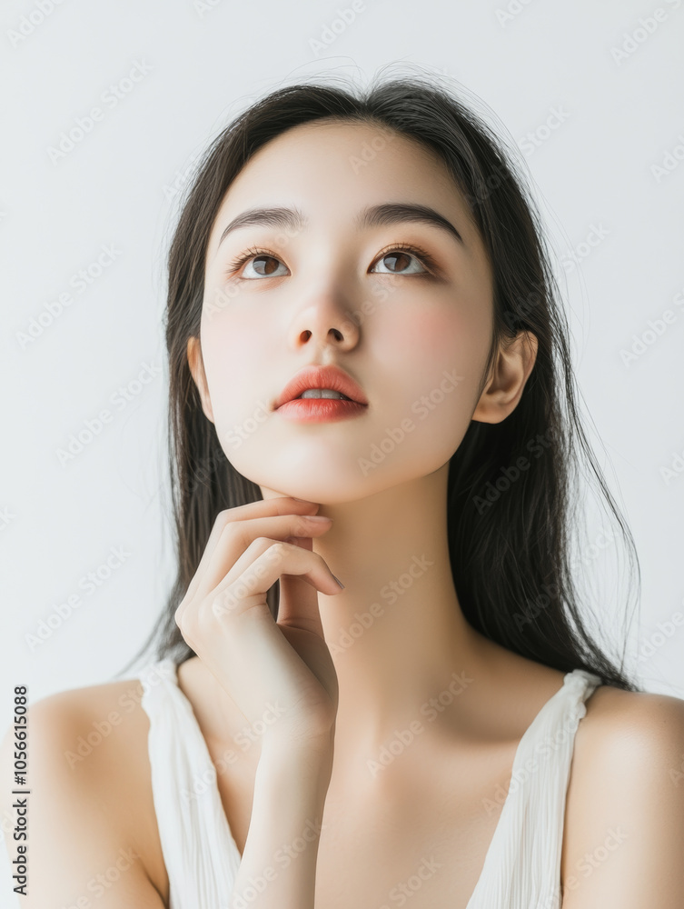 beauty portrait of Asian woman model, showcasing her flawless skin and elegant pose, perfect for cosmetics and skincare advertisements beauty portrait of Asian woman model, showcasing her flawless skin and elegant pose, perfect for cosmetics and skincare advertisements