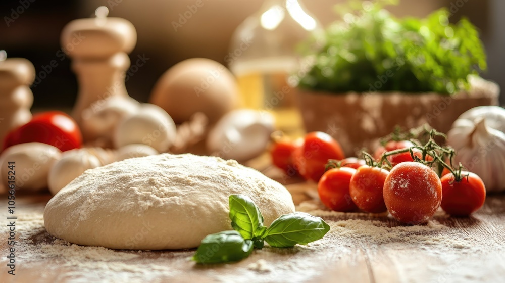 Baking ingredients arranged on a wooden table with pizza dough Theme of food preparation in a bright kitchen setting Baking ingredients arranged on a wooden table with pizza dough Theme of food preparation in a bright kitchen setting