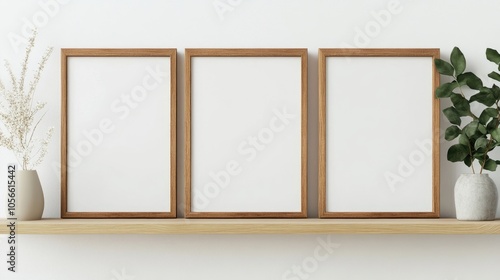 Three small vertical blank white canvases in slim wooden frames displayed on a shelf against a white kitchen wall in a cottage style setting photo