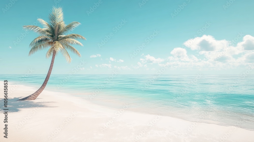 Serene beach landscape featuring fine white sand clear turquoise water and a solitary palm tree captured in a vibrant digital rendering Serene beach landscape featuring fine white sand clear turquoise water and a solitary palm tree captured in a vibrant digital rendering