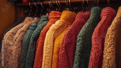 Knitted garments displayed in a closet cozy sweaters arranged neatly photo