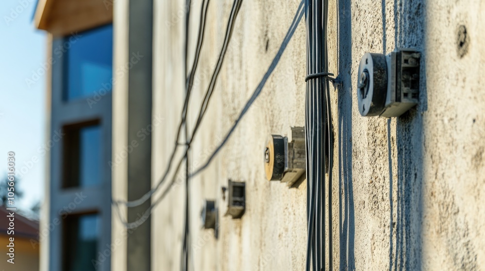 Installation of electrical power cables on the wall of a newly constructed house Installation of electrical power cables on the wall of a newly constructed house