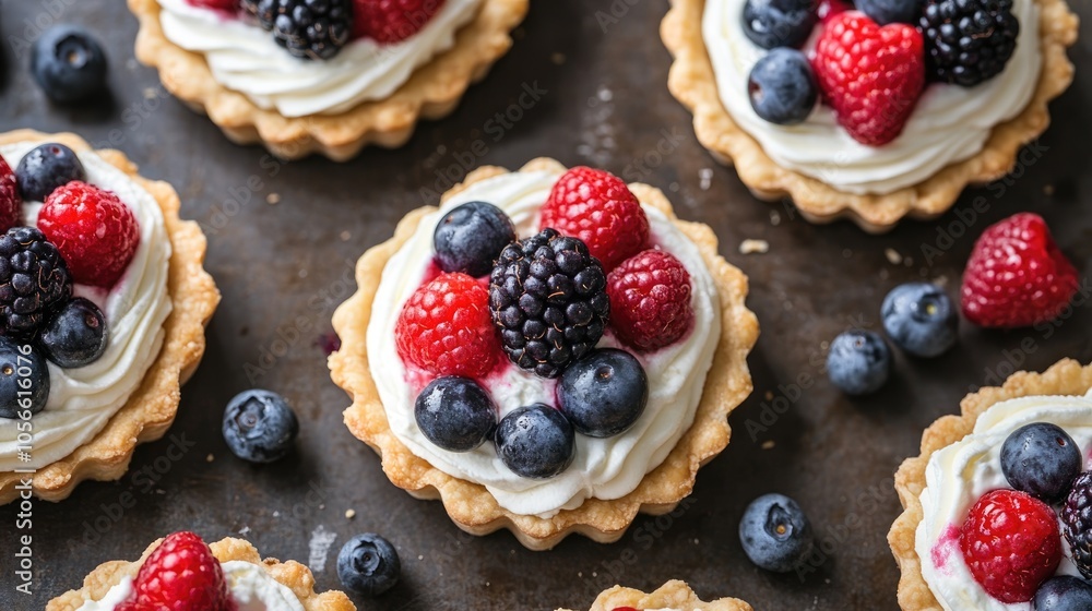 Cream cheese topped summer tartlets with mixed berries viewed from above Delightful pastry desserts Cream cheese topped summer tartlets with mixed berries viewed from above Delightful pastry desserts