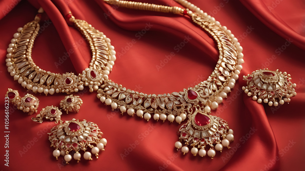 Close-up of traditional Indian wedding jewelry, including gold bangles, necklaces, and earrings, arranged neatly on a vibrant red silk cloth, symbolizing the elegance and richness of Indian weddings. Close-up of traditional Indian wedding jewelry, including gold bangles, necklaces, and earrings, arranged neatly on a vibrant red silk cloth, symbolizing the elegance and richness of Indian weddings.