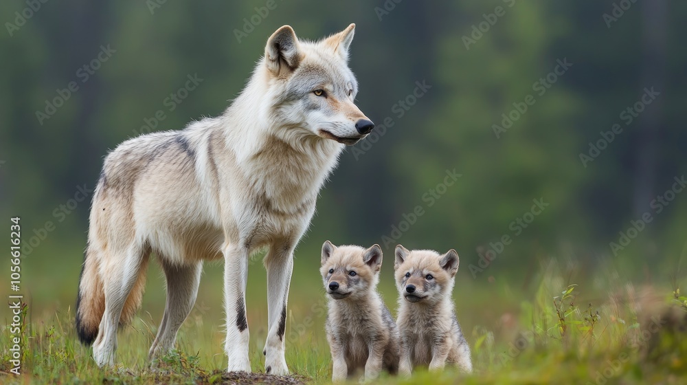 Adult Wolf Canis lupus watches over its young pups showcasing the bond of wildlife parenthood Wildlife photography captures this protective moment Adult Wolf Canis lupus watches over its young pups showcasing the bond of wildlife parenthood Wildlife photography captures this protective moment