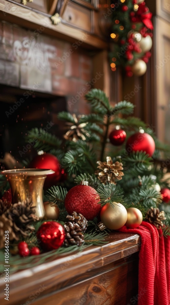 Beautiful Christmas decorations featuring red and gold ornaments, pine cones, and greenery on a wooden mantelpiece, creating a cozy holiday atmosphere. Beautiful Christmas decorations featuring red and gold ornaments, pine cones, and greenery on a wooden mantelpiece, creating a cozy holiday atmosphere.