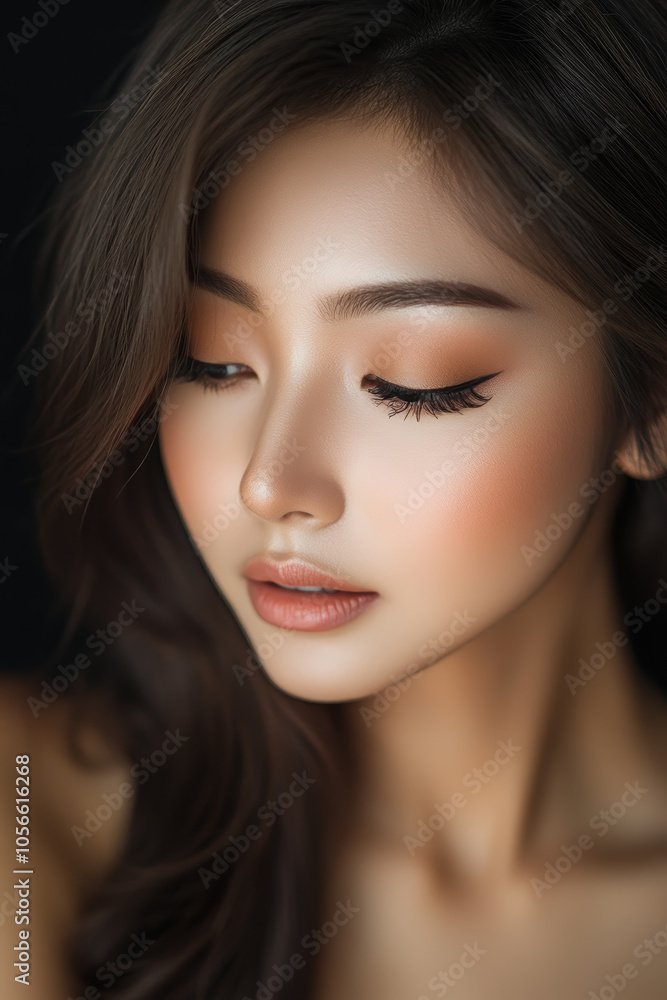 Elegant Asian woman with tan skin, showcasing soft beauty glow and natural makeup, highlighted by warm lighting that enhances her facial contours and simplicity Elegant Asian woman with tan skin, showcasing soft beauty glow and natural makeup, highlighted by warm lighting that enhances her facial contours and simplicity