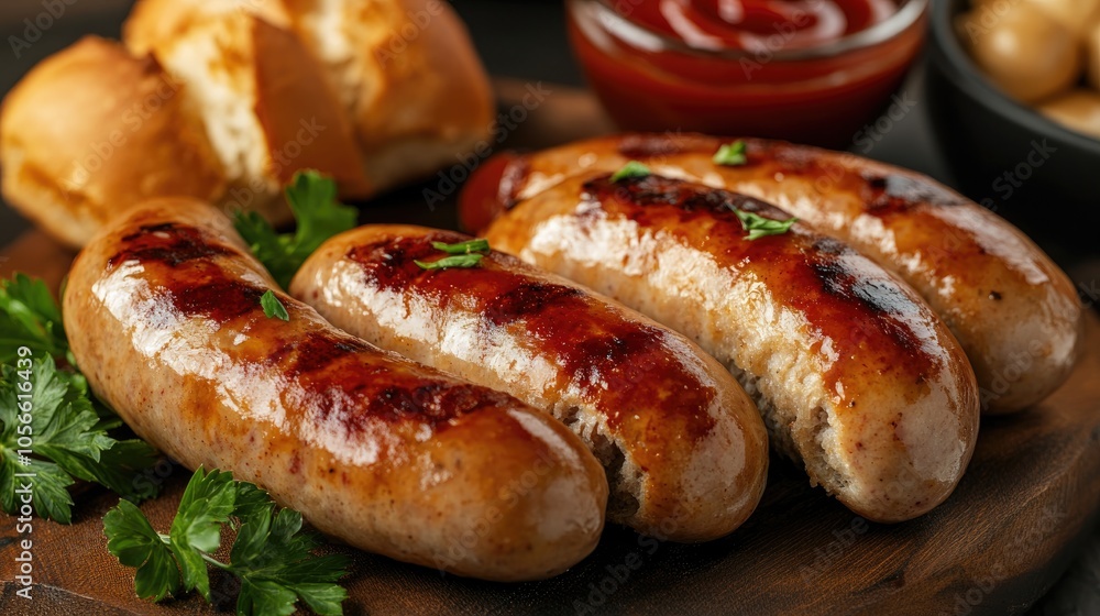 Tasty bratwurst served with ketchup and freshly baked rolls Tasty bratwurst served with ketchup and freshly baked rolls