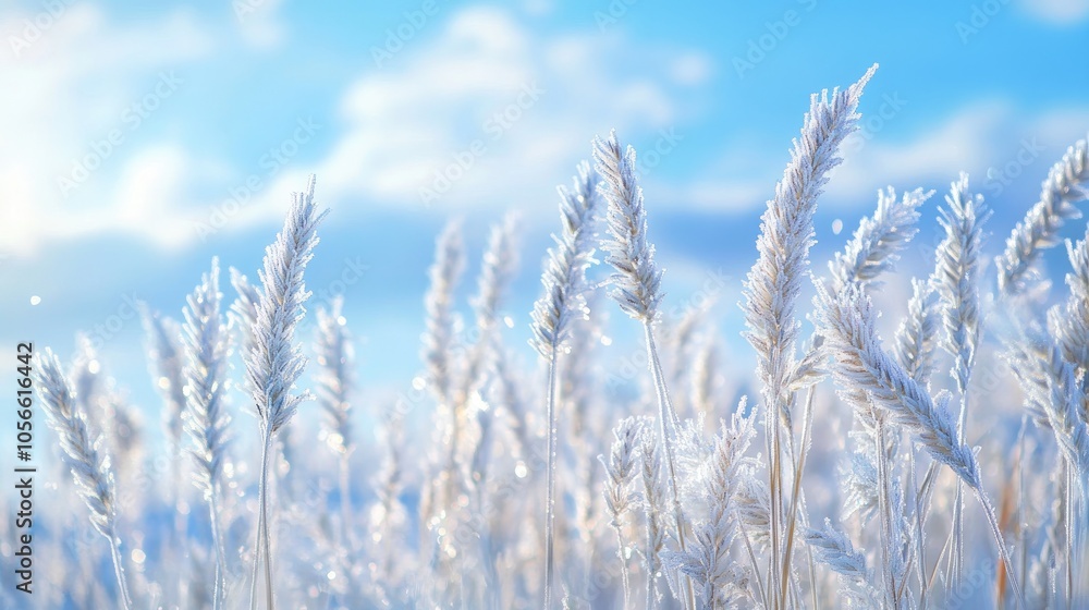 In a frosty wheat field delicate shoots adorned with tiny ice crystals emerge presenting a stunning scene against a serene blue sky filled with soft white clouds In a frosty wheat field delicate shoots adorned with tiny ice crystals emerge presenting a stunning scene against a serene blue sky filled with soft white clouds