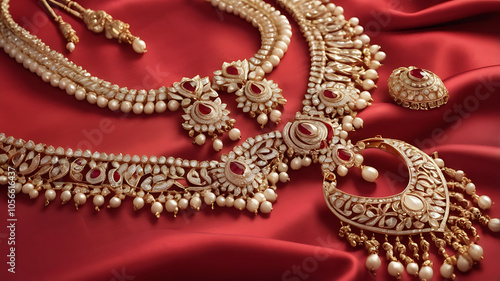 Close-up of traditional Indian wedding jewelry, including gold bangles, necklaces, and earrings, arranged neatly on a vibrant red silk cloth, symbolizing the elegance and richness of Indian weddings. photo