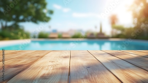 A wooden deck with a blurry view of a pool and trees in the background.