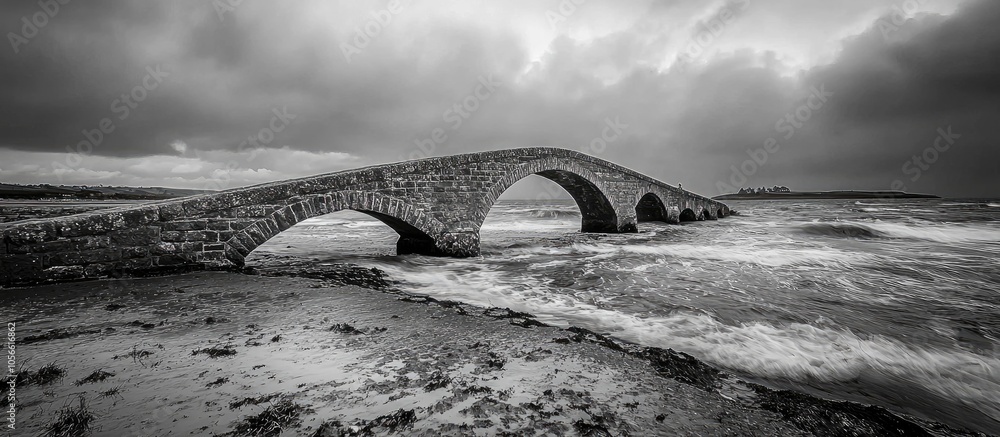 Fototapeta premium Bridge Over The Sea During Ebb Tide In Black And White