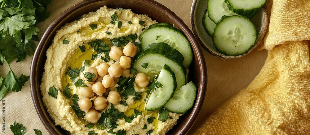 Chickpea Dip Hummus On A Dish With Garbanzo Beans Cucumbers And A Yellow Cloth Napkin Chickpea Dip Hummus On A Dish With Garbanzo Beans Cucumbers And A Yellow Cloth Napkin