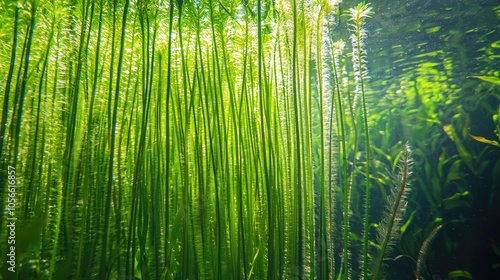 Great Horsetail Or Northern Giant Horsetail Equisetum Telmateia Growing With Other Aquatic Plants