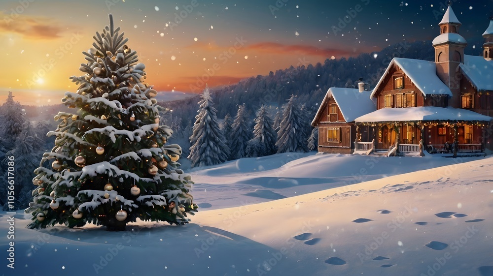 Festive winter landscape with a towering Christmas tree, cozy houses, and starry night sky Festive winter landscape with a towering Christmas tree, cozy houses, and starry night sky